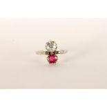 Victorian Ruby and Diamond two stone ring, large old cut diamond approximately 0.70ct, claw set with