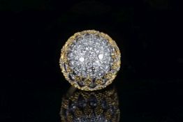 Birks Vintage Diamond Cocktail RIng, Bombe set brilliant cut diamonds, textured yellow gold