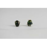 Pair of Black Opal Stud Earrings, set with 2 cabochon cut black opals, 4 claw set, stamped