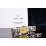 LADIES OMEGA WRISTWATCH W/ GUARANTEE & SPARE LINKS, circular gold tapestry dial with gold hour