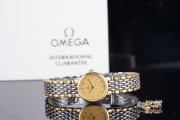 LADIES OMEGA WRISTWATCH W/ GUARANTEE & SPARE LINKS, circular gold tapestry dial with gold hour