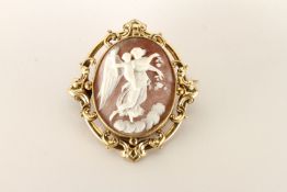 Period Cameo Brooch, An Angel with Cherub shell cameo, scroll work frame, in yellow metal