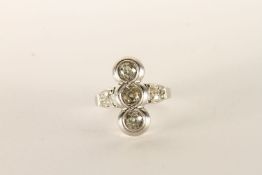 Deco Diamond Three Stone Ring, three old cut diamonds set along the finger, estimated total weight