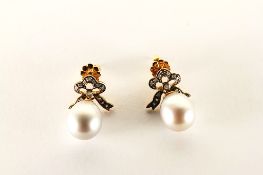 Pair of Grey Pearl and Diamond Drop Earrings, set with 2 grey pearls, diamond set bow tops,