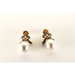 Pair of Grey Pearl and Diamond Drop Earrings, set with 2 grey pearls, diamond set bow tops,