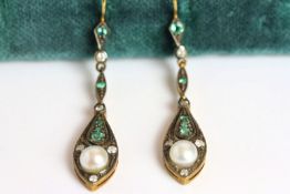 Pair of Diamond, Emerald and Pearl Drop Earrings, set with a total of 2 pearls, 10 diamonds and 10