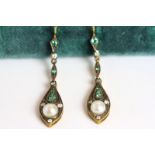 Pair of Diamond, Emerald and Pearl Drop Earrings, set with a total of 2 pearls, 10 diamonds and 10