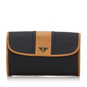 YSL Woven Flap Clutch Bag, this clutch bag features a PVC body with leather trim, a front flap