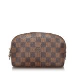 Louis Vuitton Damier Ebene Cosmetic Pouch, this pouch features a damier canvas body, a top zip