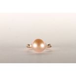 Pearl and Diamond Ring, set with a pink South Sea Pearl, shoulders set with 8 round brilliant cut