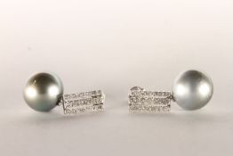 Pair of Pearl and Diamond Drop Earrings, set with 2 grey South Sea Pearls, surrounded by a total