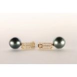 Pair of Pearl and Diamond Drop Earrings, set with a total of 2 black South Sea Pearls, surrounded by