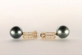 Pair of Pearl and Diamond Drop Earrings, set with a total of 2 black South Sea Pearls, surrounded by