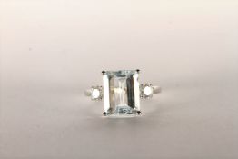 Aquamarine and Diamond Ring, set with an emerald cut aquamarine totalling 3.71ct, 4 claw set,