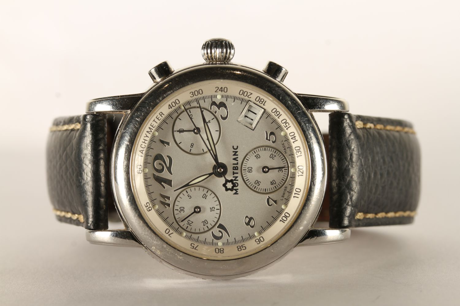 LADIES MONTBLANC MEISTERSTUCK CHRONOGRAPH WRISTWATCH REF 7039, circular silver dial with arabic
