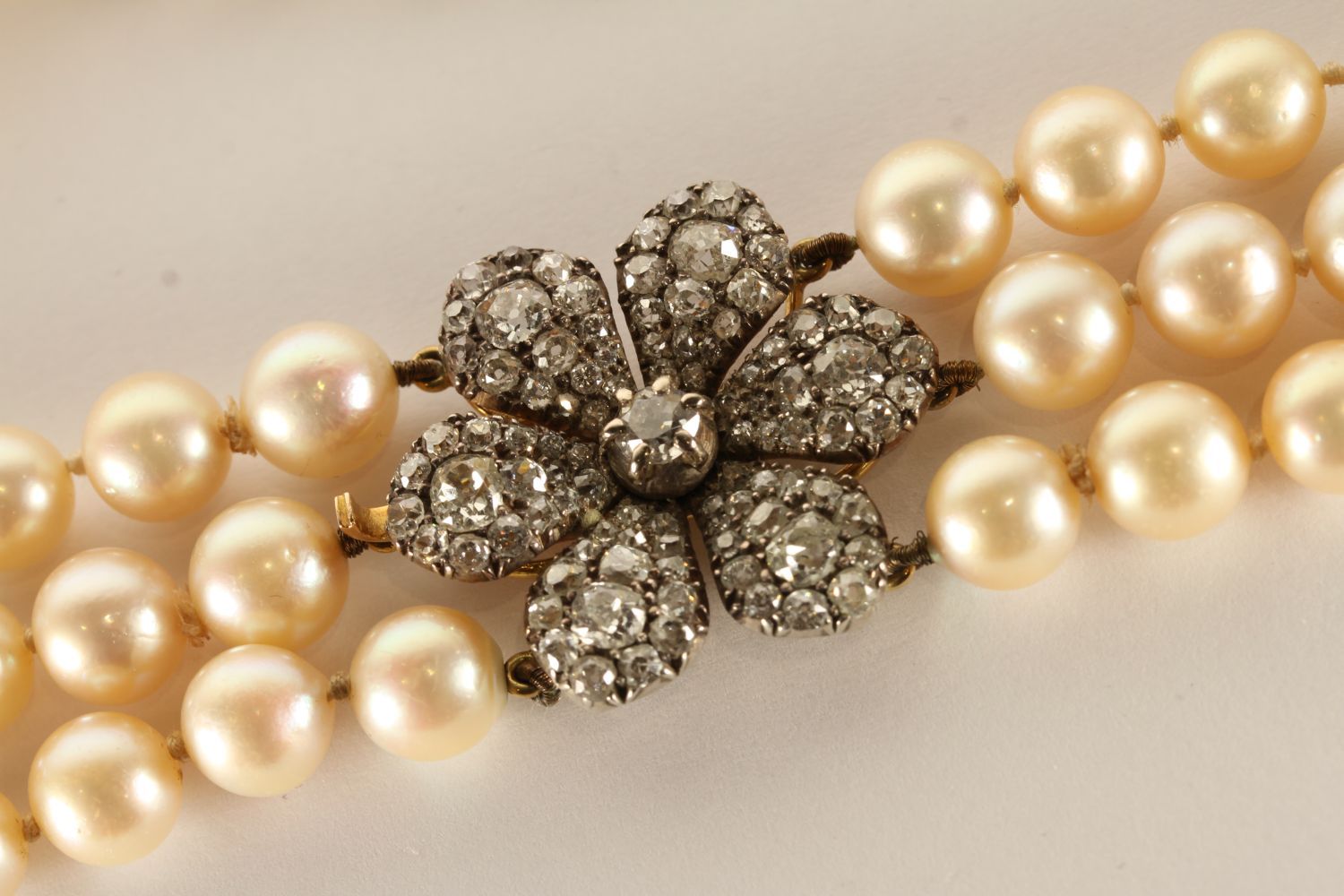 Pearl and Diamond Choker Necklace, 3 rows of pearls approximately 8.5mm - 9mm in size, diamond set - Image 2 of 3