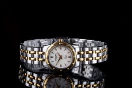 LADIES RAYMOND WEIL TANGO WRISWATCH, circular white dial with gold hour markers and hands, gold tone