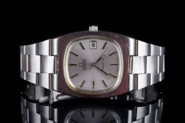 GENTLEMENS OMEGA GENEVE AUTOMATIC DATE WRISTWATCH, rounded silver dial with silver hour markers