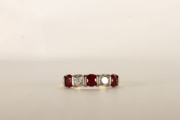 Ruby and Diamond 5 Stone Ring, set with 3 round cut rubies and 2 round brilliant cut diamonds,