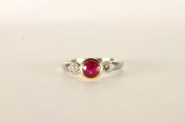 Ruby and Diamond Ring, centre set with a round cut ruby, set with 2 round brilliant cut diamonds,