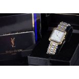 GENTLEMENS YVES SAINT LAURENT WRISTWATCH W/ BOX PAPERS & SPARE LINKS, square white dial with gold