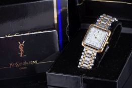 GENTLEMENS YVES SAINT LAURENT WRISTWATCH W/ BOX PAPERS & SPARE LINKS, square white dial with gold