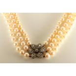 Pearl and Diamond Choker Necklace, 3 rows of pearls approximately 8.5mm - 9mm in size, diamond set