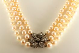 Pearl and Diamond Choker Necklace, 3 rows of pearls approximately 8.5mm - 9mm in size, diamond set