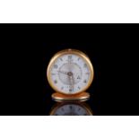 VINTAGE JAEGER 8 DAYS ALARM TRAVEL CLOCK, circular off white two tone dial with gold Arabic numerals