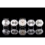 GROUP OF 5 VINTAGE WATCHES INCL OMEGA ZENITH BUREN, all watches have circular silver dials with