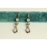 Pair of Moonstone and Diamond drop earrings, each set with 2 noonstones and 2 diamonds, fish hook