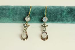 Pair of Moonstone and Diamond drop earrings, each set with 2 noonstones and 2 diamonds, fish hook