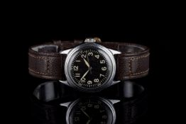 GENTLEMENS ELGIN TYPE A-II U.S. MILITARY WRISTWATCH, circular black dial with patina Arabic numerals