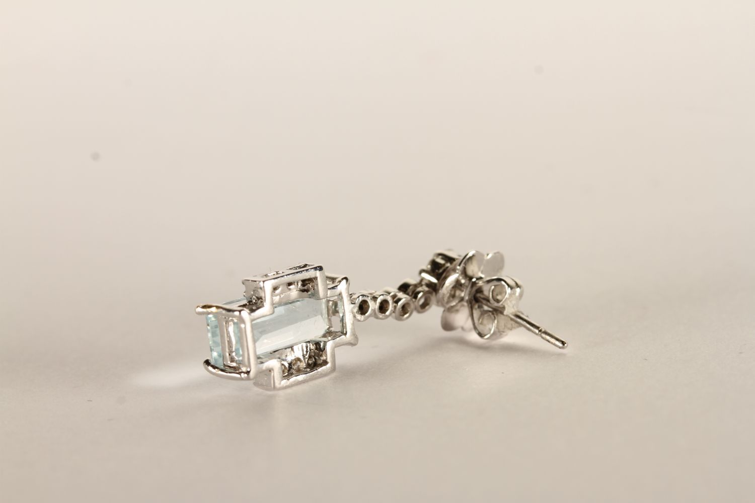 Pair of Aquamarine and Diamond Earrings, each set with a baguette cut aquamarine, 4 claw set, - Image 2 of 2