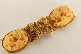 Clasp with 2 Carved Floral Cameos, intricate carved floral cameos with intricate gold detail, box