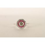 18ct white gold Art Deco-style ruby and diamond ring, boxed. Centre diamond 0.31ct, approx