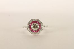 18ct white gold Art Deco-style ruby and diamond ring, boxed. Centre diamond 0.31ct, approx