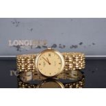 GENTLEMENS LONGINES DATE WRISTWATCH W/ BOX & SPARE LINKS, circular gold pattern dial with gold hands