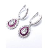 Pair of fine quality ruby and diamond drop earrings, boxed. Rose-cut diamonds 1.23ct, approx.
