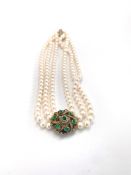 Triple Row Pearl Choker, Emerald and Old cut diamond set clasp, three rows of Akoya quality pearls,