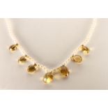 Citrine and Pearl Necklace, set with 7 graduated citrine stones, graduated pearl beads approximately