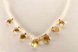 Citrine and Pearl Necklace, set with 7 graduated citrine stones, graduated pearl beads approximately