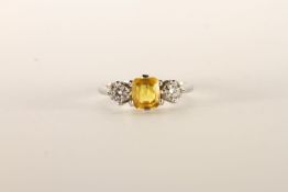 Diamond and Yellow Sapphire 3 Stone Ring, set with 1 asscher cut yellow sapphire, with a round