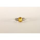 Diamond and Yellow Sapphire 3 Stone Ring, set with 1 asscher cut yellow sapphire, with a round