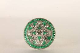 Large, platinum, vintage-style emerald and diamond stylish cocktail ring, finger size O 1/2, boxed