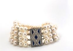Akoya Pearl Art Deco Bracelet, Sapphire and diamond rectangular feature clasp, further diamond set