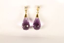 Pair of Amethyst and Diamond Earrings, each set with a briolette cut amethyst drop, a round