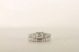 Diamond Wedding Rings Set, ring 1 - centre set with a princess cut diamond, 4 claw set, round