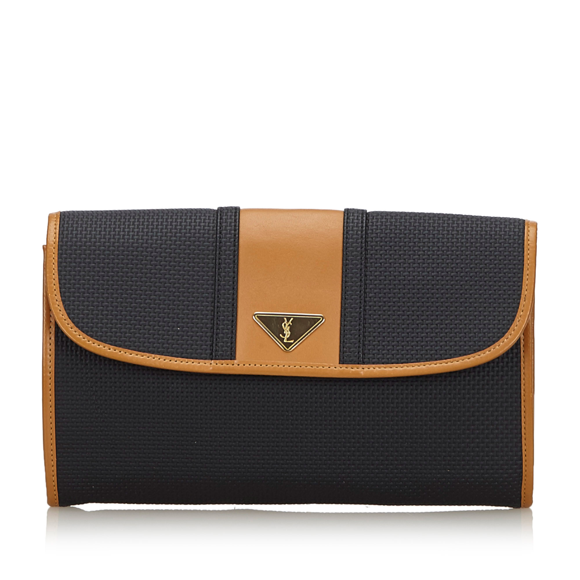 YSL Woven Flap Clutch Bag, this clutch bag features a PVC body with leather trim, a front flap