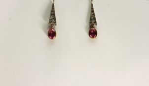 Vintage Pink paste Drop Earrings, oval cut pink paste, suspended from triangular drops, stone set,